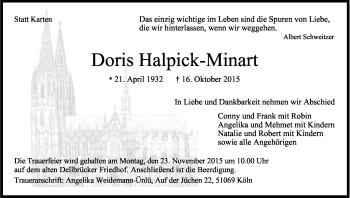 Anzeige von Doris Halpick-Minart von Kölner Stadt-Anzeiger / Kölnische Rundschau / Express
