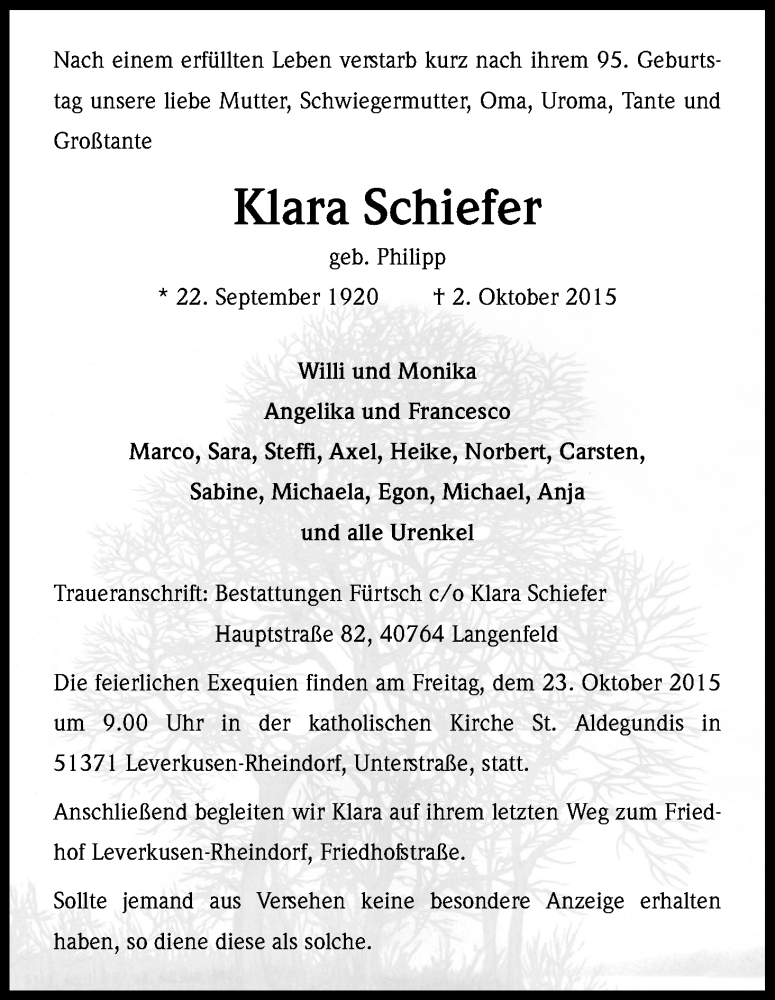  Traueranzeige für Klara Schiefer vom 17.10.2015 aus Kölner Stadt-Anzeiger / Kölnische Rundschau / Express