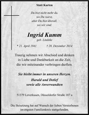 Anzeige von Ingrid Kumm von Kölner Stadt-Anzeiger / Kölnische Rundschau / Express