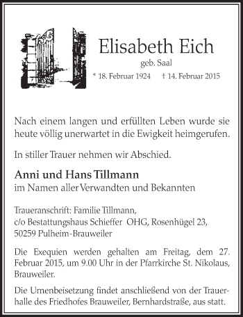 Anzeige von Elisabeth Eich von  Sonntags-Post 