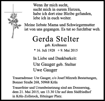 Anzeige von Gerda Stelter von Kölner Stadt-Anzeiger / Kölnische Rundschau / Express