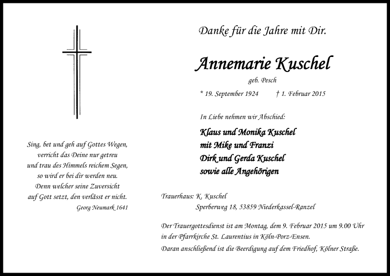  Traueranzeige für Annemarie Kuschel vom 07.02.2015 aus Kölner Stadt-Anzeiger / Kölnische Rundschau / Express