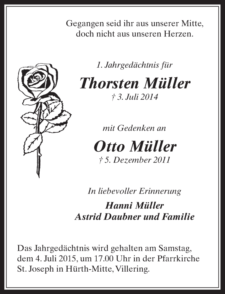  Traueranzeige für Thorsten Müller vom 01.07.2015 aus  Wochenende 