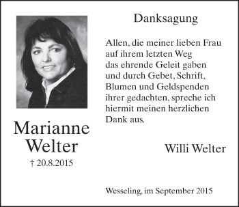 Anzeige von Marianne Welter von  Schlossbote/Werbekurier 