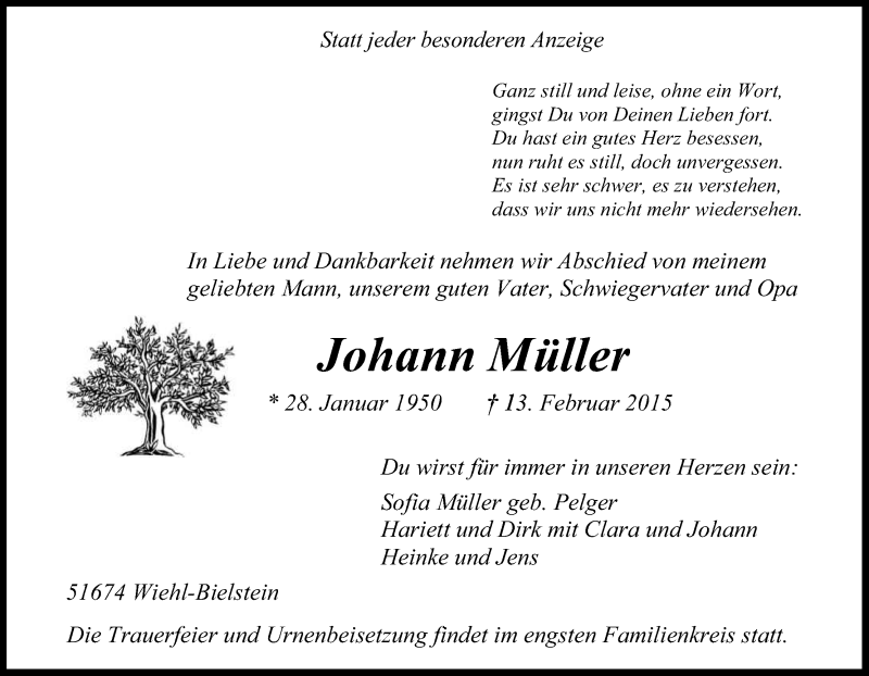 Traueranzeige für Johann Müller vom 19.02.2015 aus Kölner Stadt-Anzeiger / Kölnische Rundschau / Express