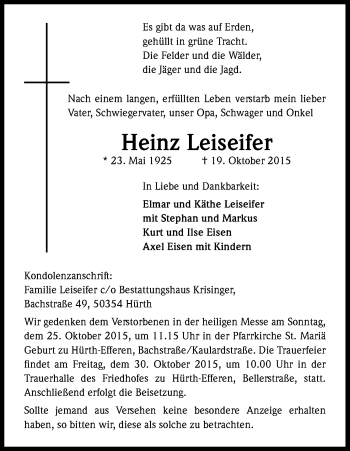 Anzeige von Heinz Leiseifer von Kölner Stadt-Anzeiger / Kölnische Rundschau / Express