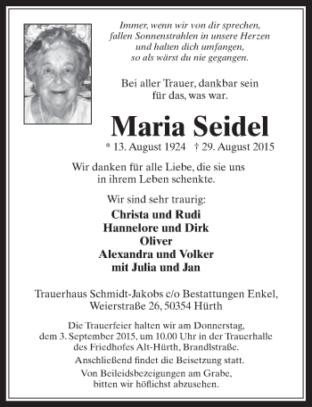 Anzeige von Maria Seidel von  Wochenende 