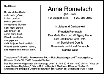 Anzeige von Anna Rometsch von Kölner Stadt-Anzeiger / Kölnische Rundschau / Express