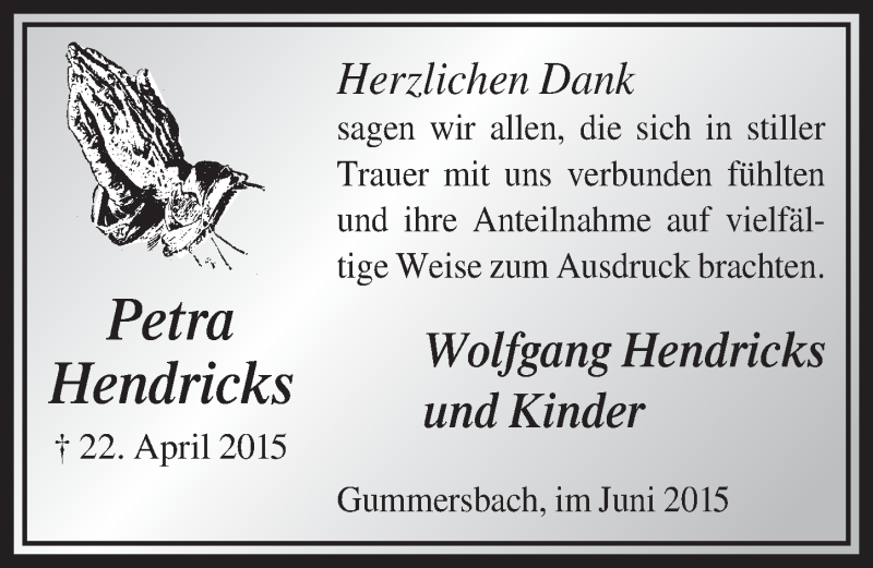  Traueranzeige für Petra Hendricks vom 10.06.2015 aus  Anzeigen Echo 