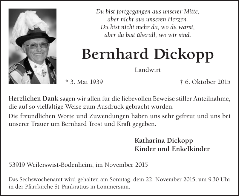  Traueranzeige für Bernhard Dickopp vom 15.11.2015 aus  Blickpunkt Euskirchen 