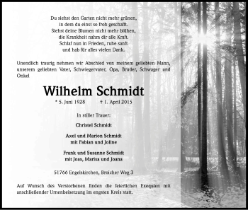 Anzeige von Wilhelm Schmidt von Kölner Stadt-Anzeiger / Kölnische Rundschau / Express