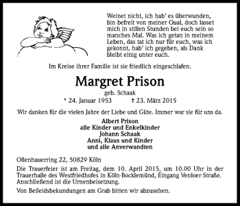 Anzeige von Margret Prison von Kölner Stadt-Anzeiger / Kölnische Rundschau / Express