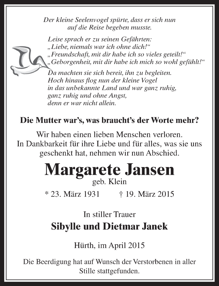  Traueranzeige für Margarete Jansen vom 01.04.2015 aus  Wochenende 