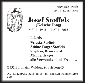 Anzeige von Josef Stoffels von  Schaufenster/Blickpunkt 