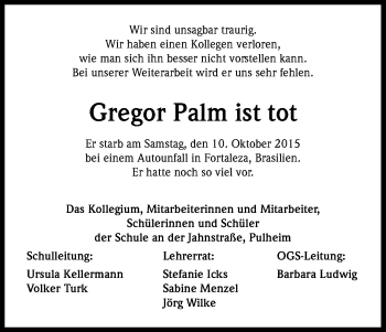 Anzeige von Gregor Palm von Kölner Stadt-Anzeiger / Kölnische Rundschau / Express