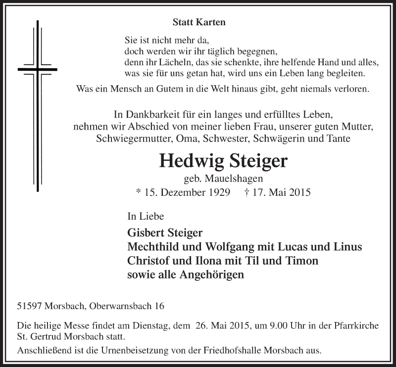  Traueranzeige für Hedwig Steiger vom 20.05.2015 aus  Lokalanzeiger 
