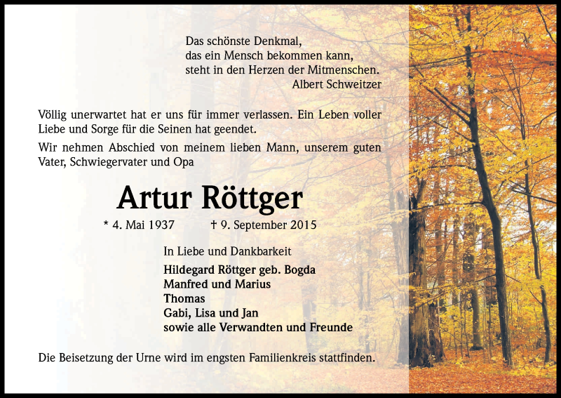  Traueranzeige für Artur Röttger vom 19.09.2015 aus Kölner Stadt-Anzeiger / Kölnische Rundschau / Express