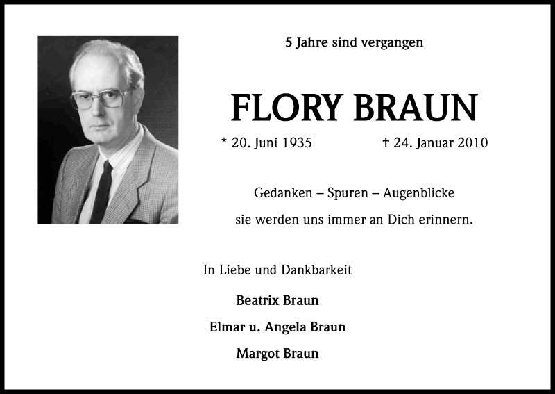  Traueranzeige für Flory Braun vom 24.01.2015 aus Kölner Stadt-Anzeiger / Kölnische Rundschau / Express