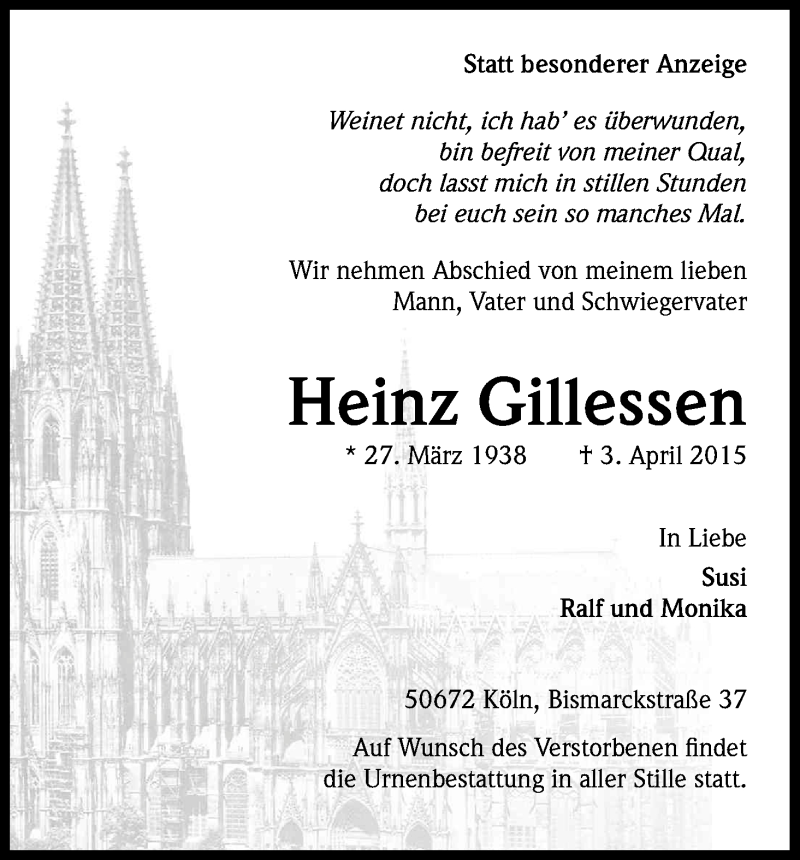  Traueranzeige für Heinz Gillessen vom 18.04.2015 aus Kölner Stadt-Anzeiger / Kölnische Rundschau / Express