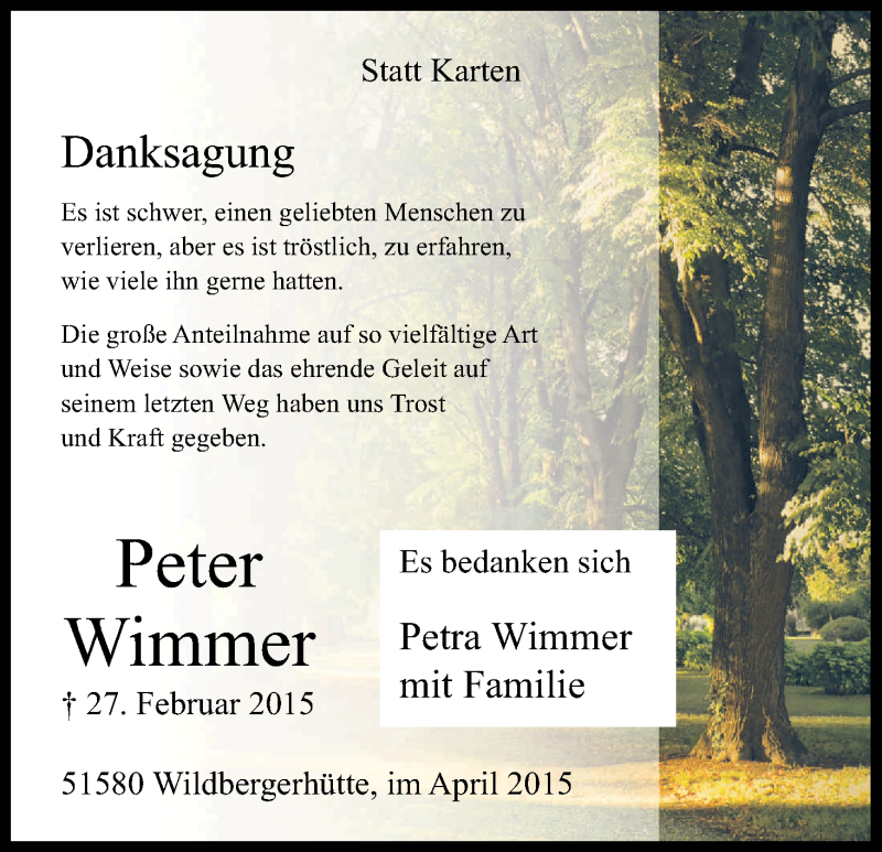  Traueranzeige für Peter Wimmer vom 07.04.2015 aus Kölner Stadt-Anzeiger / Kölnische Rundschau / Express