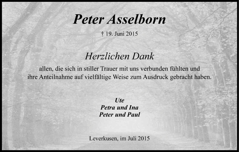  Traueranzeige für Peter Asselborn vom 25.07.2015 aus Kölner Stadt-Anzeiger / Kölnische Rundschau / Express