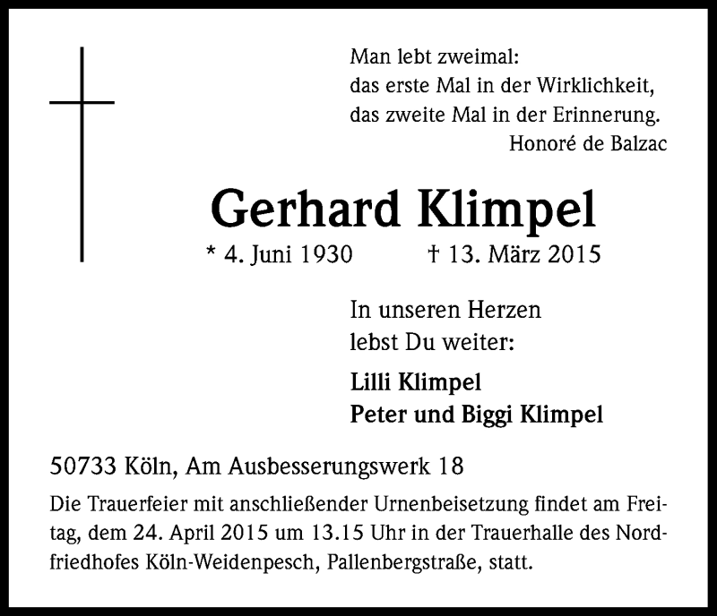  Traueranzeige für Gerhard Klimpel vom 18.04.2015 aus Kölner Stadt-Anzeiger / Kölnische Rundschau / Express