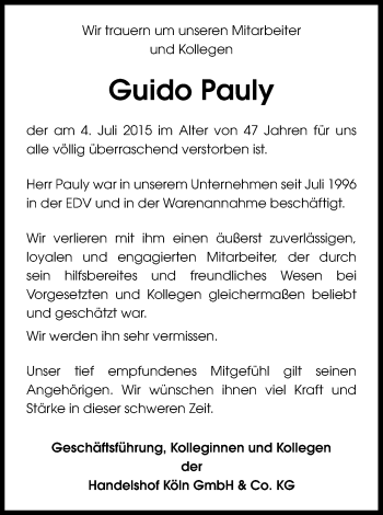 Anzeige von Guido Pauly von Kölner Stadt-Anzeiger / Kölnische Rundschau / Express