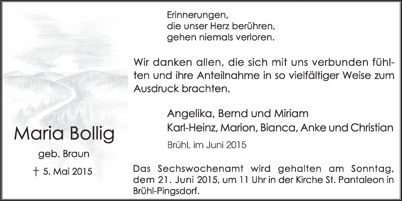  Traueranzeige für Maria Bollig vom 10.06.2015 aus  Schlossbote/Werbekurier 