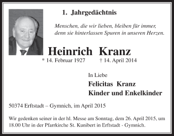 Anzeige von Heinrich Kranz von  Werbepost 