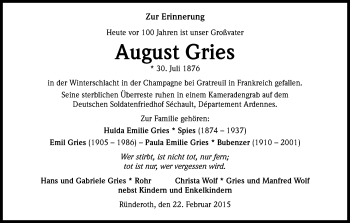 Anzeige von August Gries von Kölner Stadt-Anzeiger / Kölnische Rundschau / Express