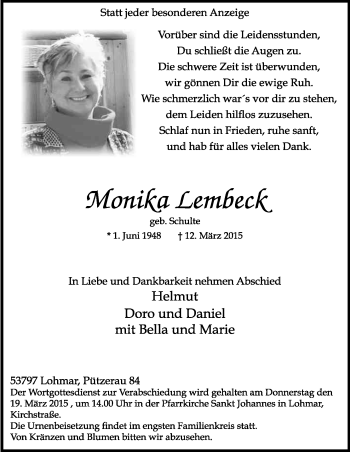 Anzeige von Monika Lerndeck von Kölner Stadt-Anzeiger / Kölnische Rundschau / Express