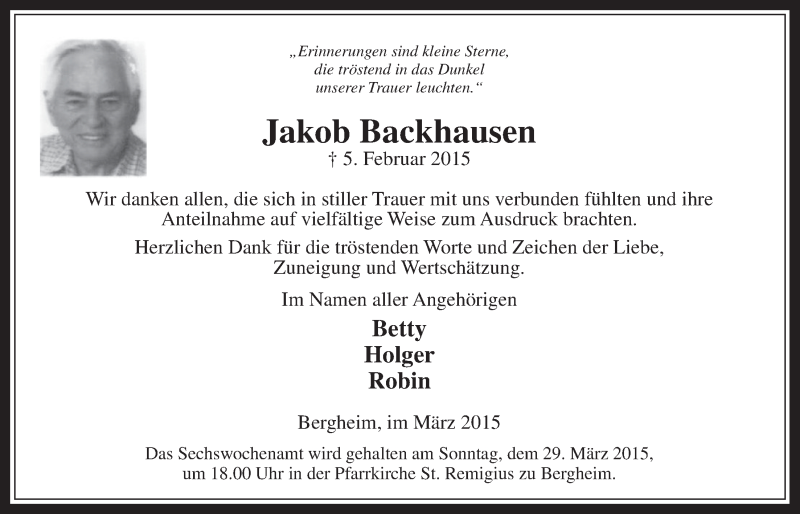  Traueranzeige für Jakob Backhausen vom 18.03.2015 aus  Werbepost 