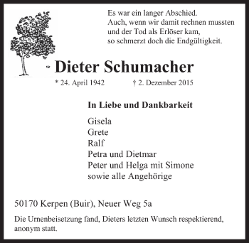 Anzeige von Dieter Schumacher von  Werbepost 