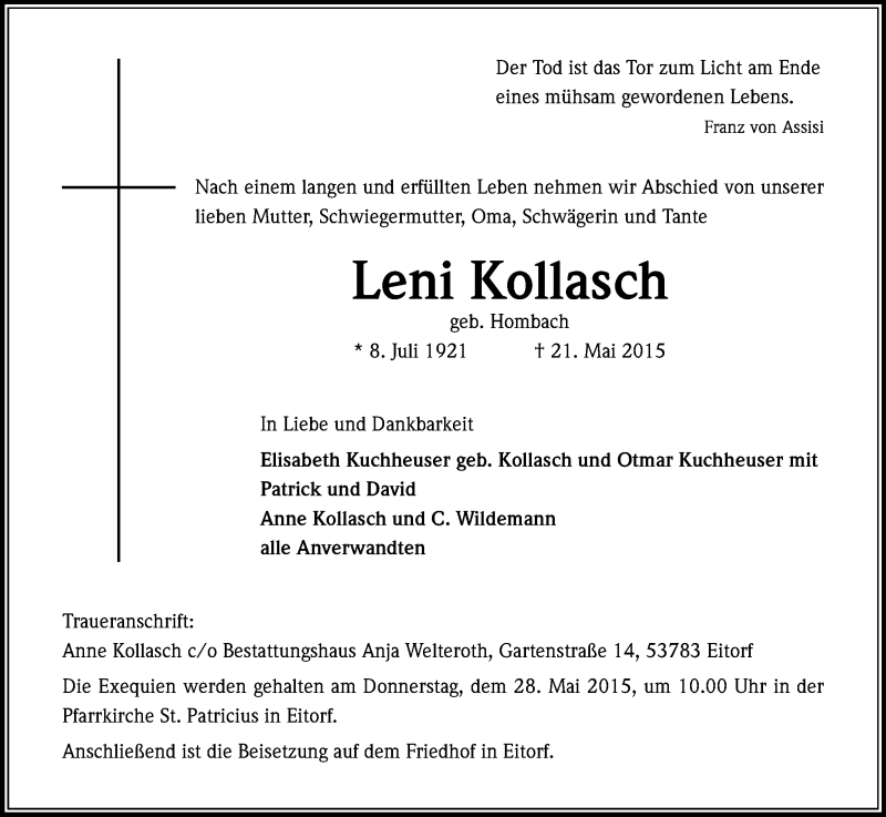  Traueranzeige für Leni Kollasch vom 23.05.2015 aus Kölner Stadt-Anzeiger / Kölnische Rundschau / Express