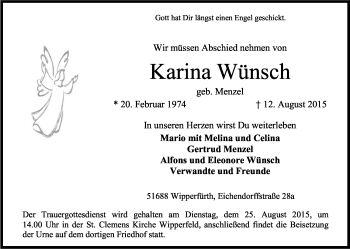 Anzeige von Karina Wünsch von Kölner Stadt-Anzeiger / Kölnische Rundschau / Express