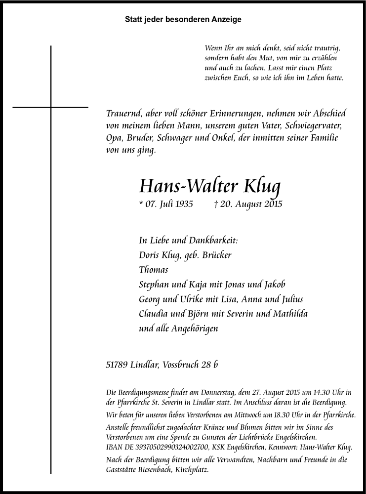  Traueranzeige für Hans-Walter Klug vom 25.08.2015 aus Kölner Stadt-Anzeiger / Kölnische Rundschau / Express