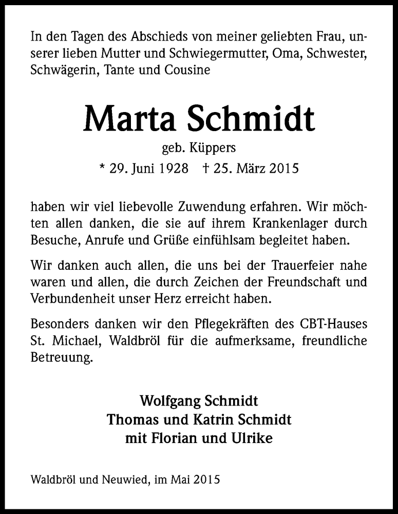  Traueranzeige für Marta Schmidt vom 02.05.2015 aus Kölner Stadt-Anzeiger / Kölnische Rundschau / Express