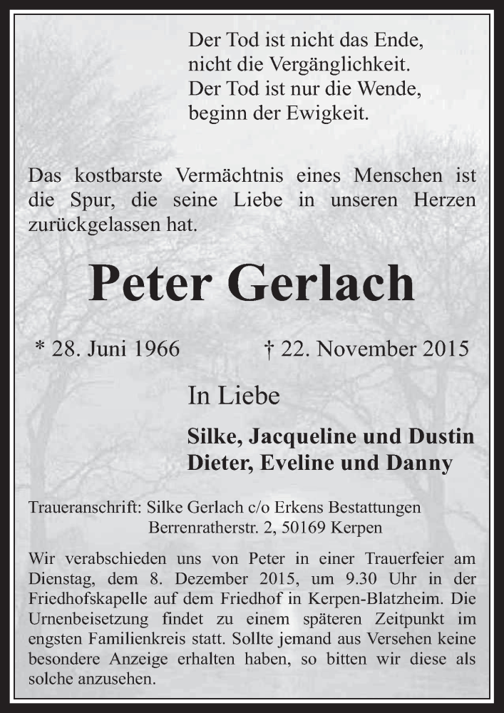  Traueranzeige für Peter Gerlach vom 02.12.2015 aus  Werbepost 