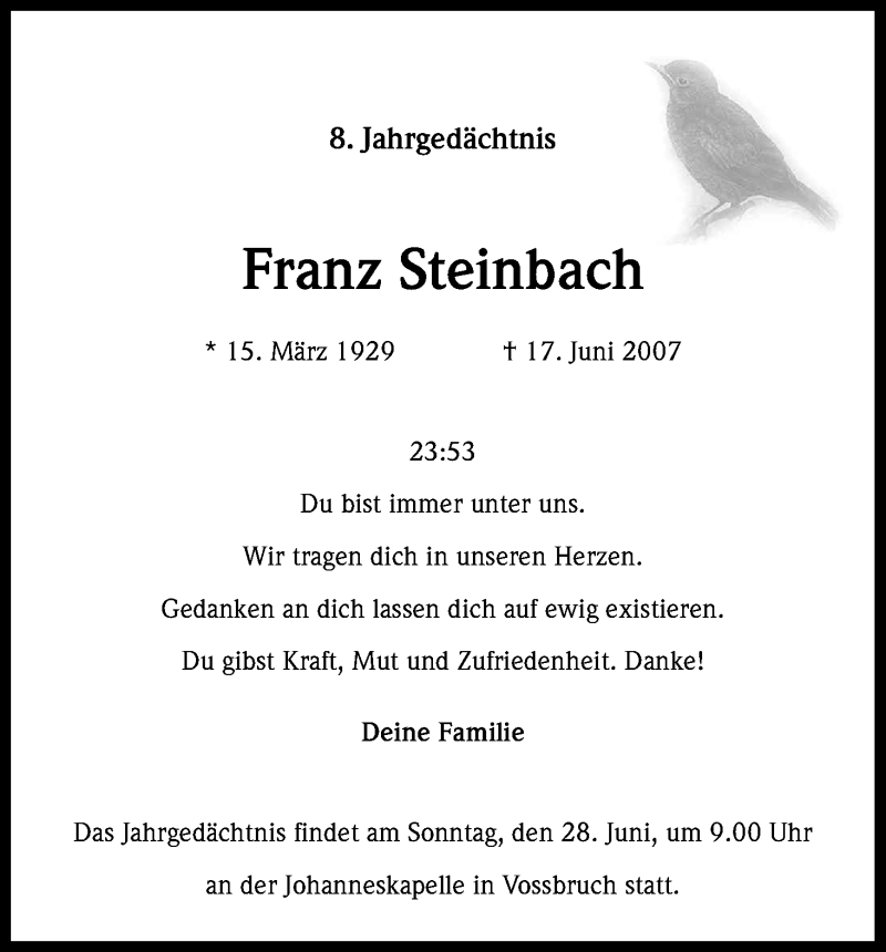  Traueranzeige für Franz Steinbach vom 17.06.2015 aus Kölner Stadt-Anzeiger / Kölnische Rundschau / Express