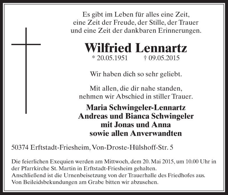  Traueranzeige für Wilfried Lennartz vom 13.05.2015 aus  Werbepost 