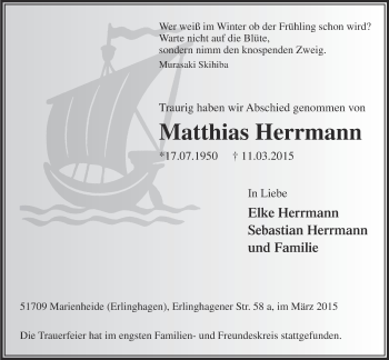Anzeige von Matthias Herrmann von  Anzeigen Echo 