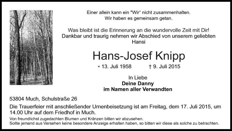  Traueranzeige für Hans-Josef Knipp vom 14.07.2015 aus Kölner Stadt-Anzeiger / Kölnische Rundschau / Express