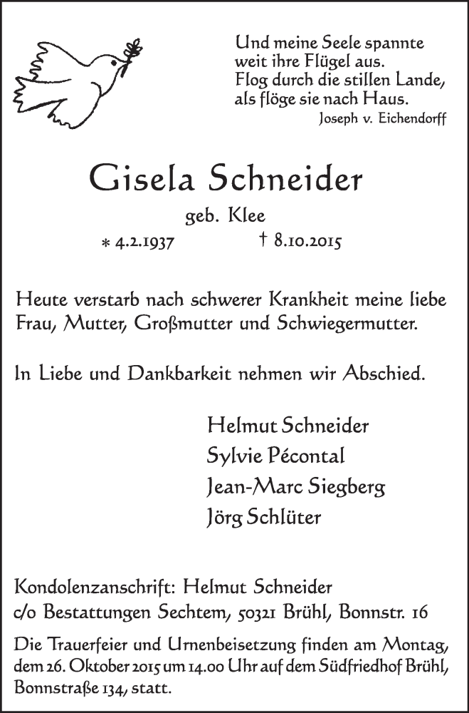  Traueranzeige für Gisela Schneider vom 21.10.2015 aus  Schlossbote/Werbekurier 