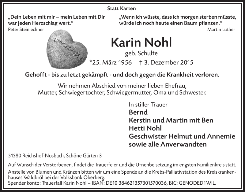 Traueranzeige für Karin Nohl vom 09.12.2015 aus  Anzeigen Echo  Lokalanzeiger 