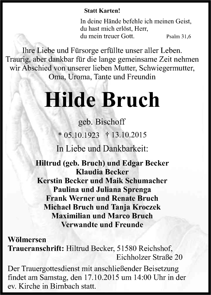  Traueranzeige für Hilde Bruch vom 15.10.2015 aus Kölner Stadt-Anzeiger / Kölnische Rundschau / Express