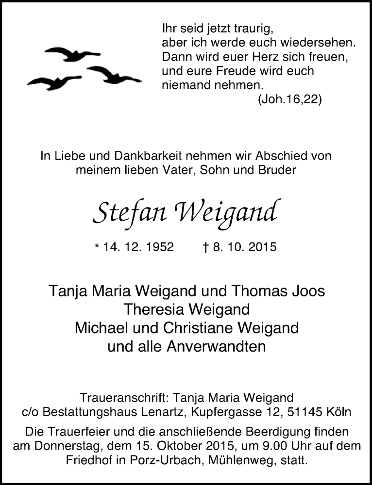  Traueranzeige für Stefan Weigand vom 14.10.2015 aus  Kölner Wochenspiegel 