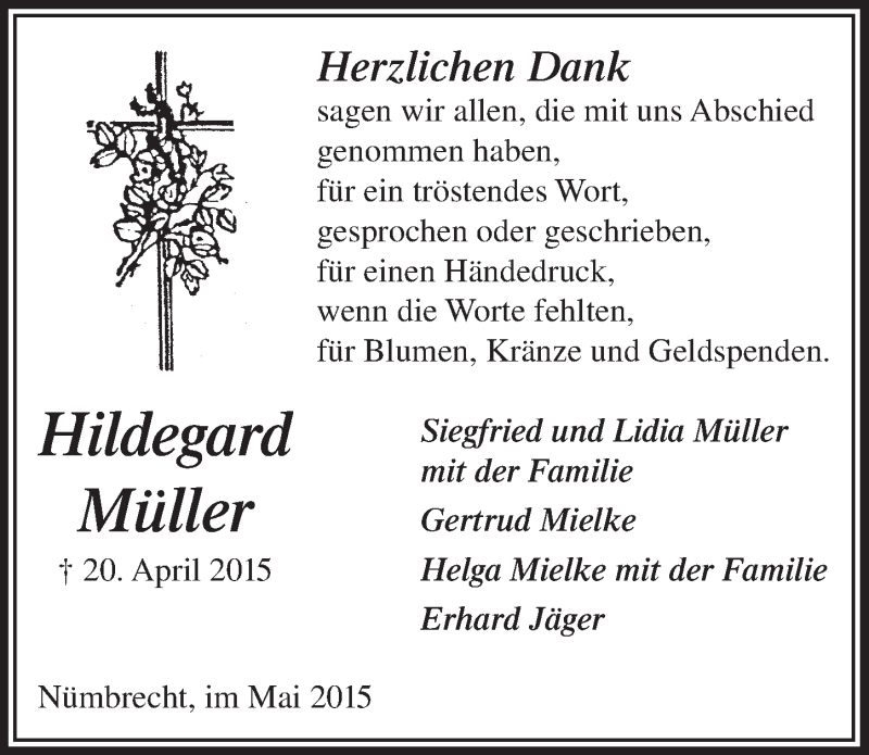  Traueranzeige für Hildegard Müller vom 27.05.2015 aus  Lokalanzeiger 