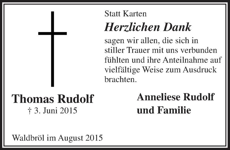  Traueranzeige für Thomas Rudolf vom 05.08.2015 aus  Lokalanzeiger 