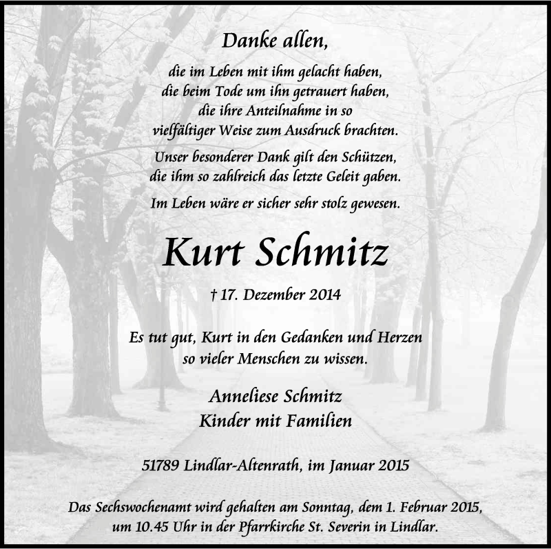  Traueranzeige für Kurt Schmitz vom 24.01.2015 aus Kölner Stadt-Anzeiger / Kölnische Rundschau / Express