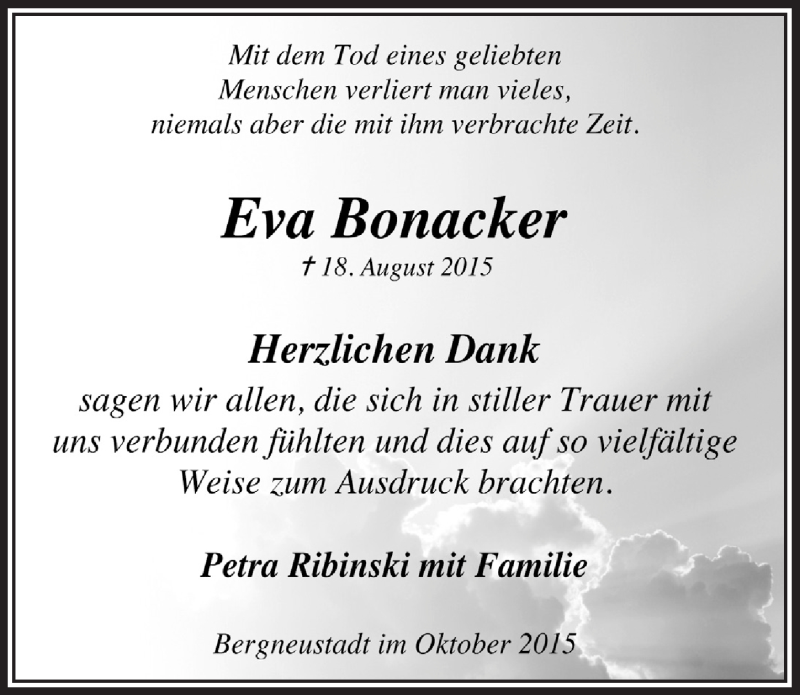  Traueranzeige für Eva Bonacker vom 28.10.2015 aus  Anzeigen Echo 